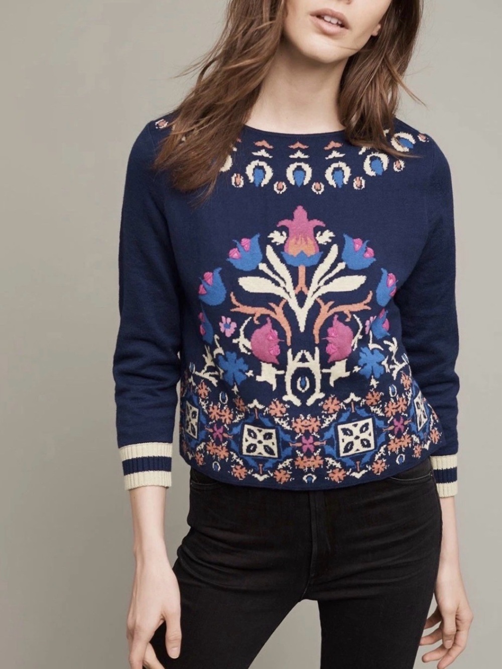 Anthropologie HWT Intarsia 3/4 Sleeve Fair Isle Sweater